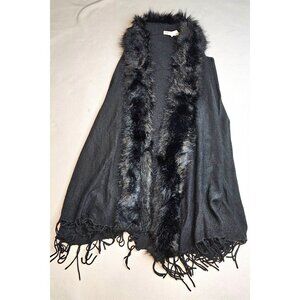 Faux Fur Trim Acrylic Fringe Vest Shawl By Origami Vivien L/XL